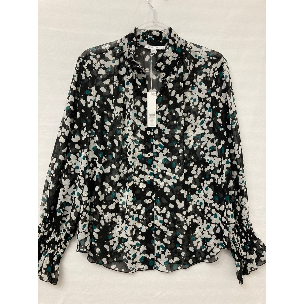 New Chico's Ruffle Collar Bishop Sleeve Blouse sz 14 Button Down Sheer Feminine